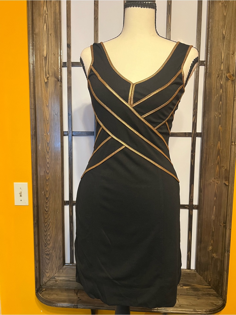 VENUS Black Mini Dress with Gold Trim